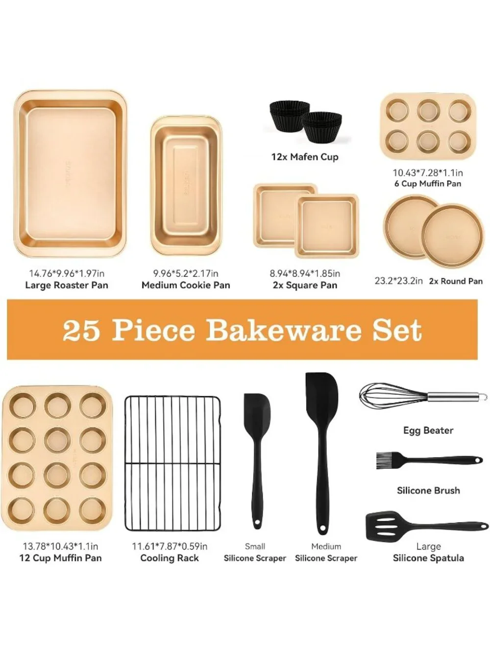 25-Picec Gold Nonstick Baking Pans Set, High-Carbon Steel for Kitchen Bakeware